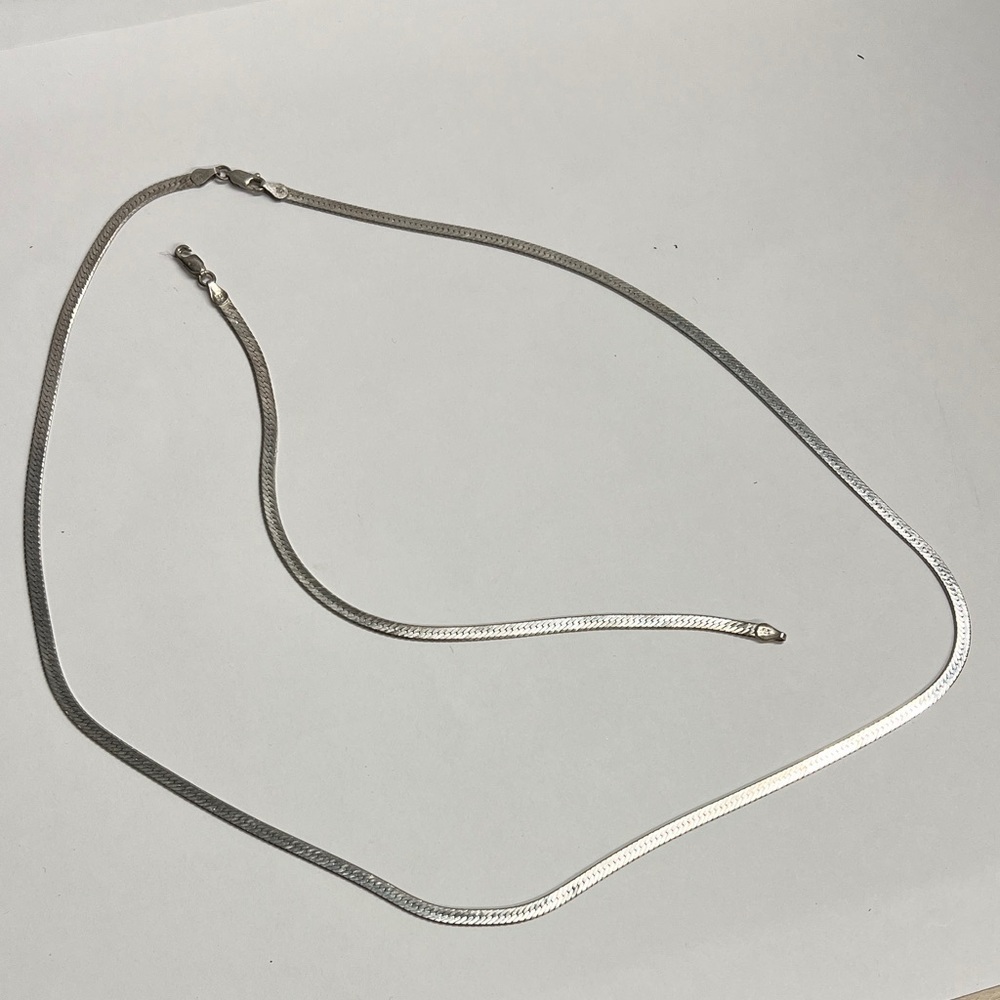 Sterling Silver 925 Flat Herringbone 25” Chain Necklace and 8” Bracelet